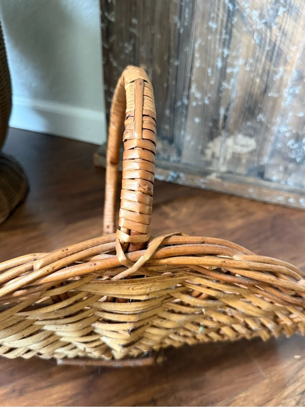 Large Mid Century French Style Flower Gathering Wicker Basket with Handle